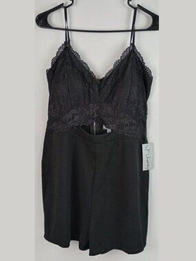 J for Justify Womens XL Black Lace Bodice Midriff Spaghetti Straps Shorts Romper
